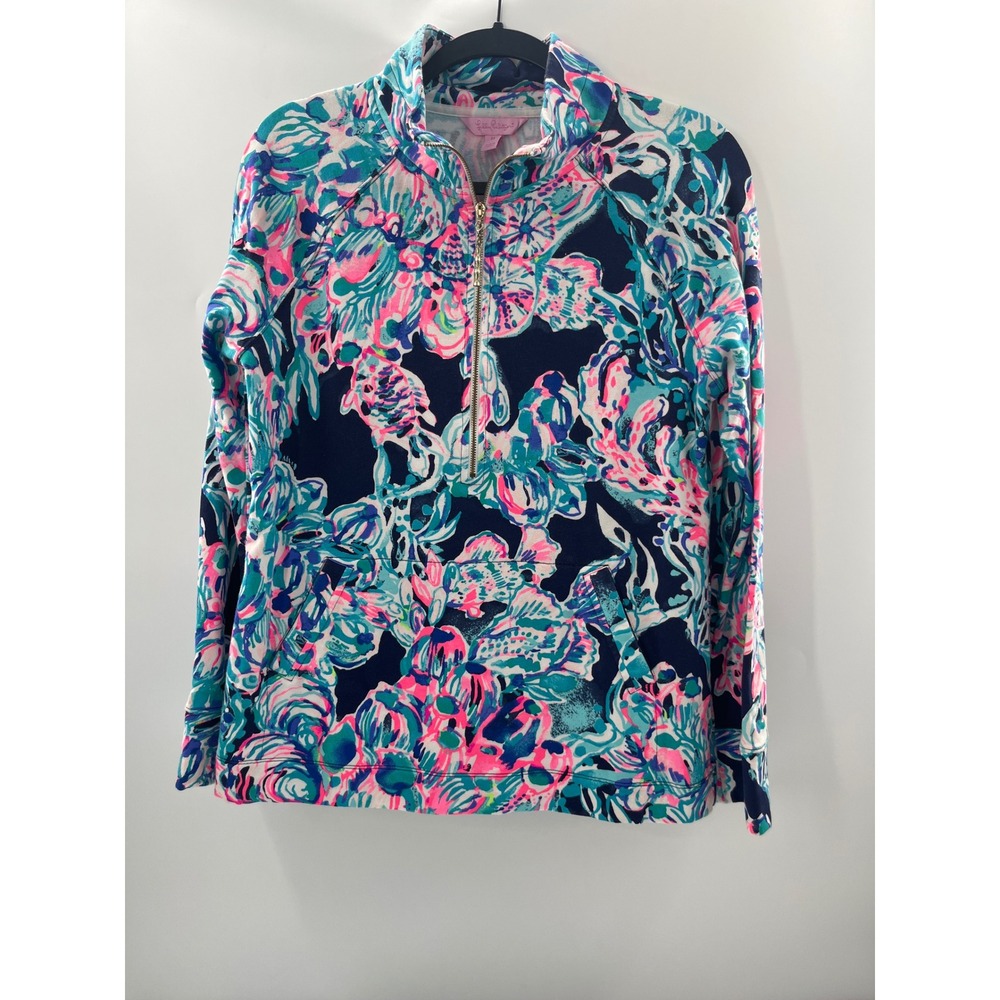 Lilly Pulitzer Skipper Popover Half Zip Pullover Navy Pink Floral Print Medium
